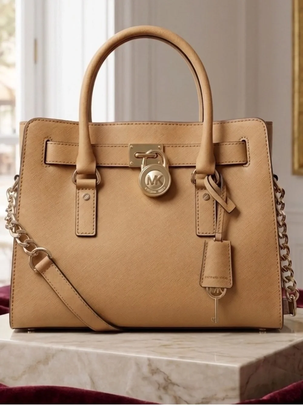Michael Kors Brown/Beige/Tan Saffiano Leather Satchel with Gold Hardware